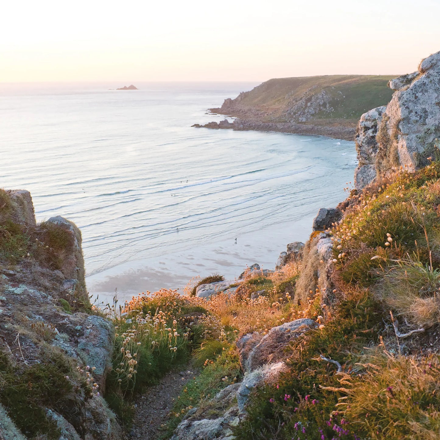 Cornish greeting card image of sunset at Gwynver beach, near Land's End