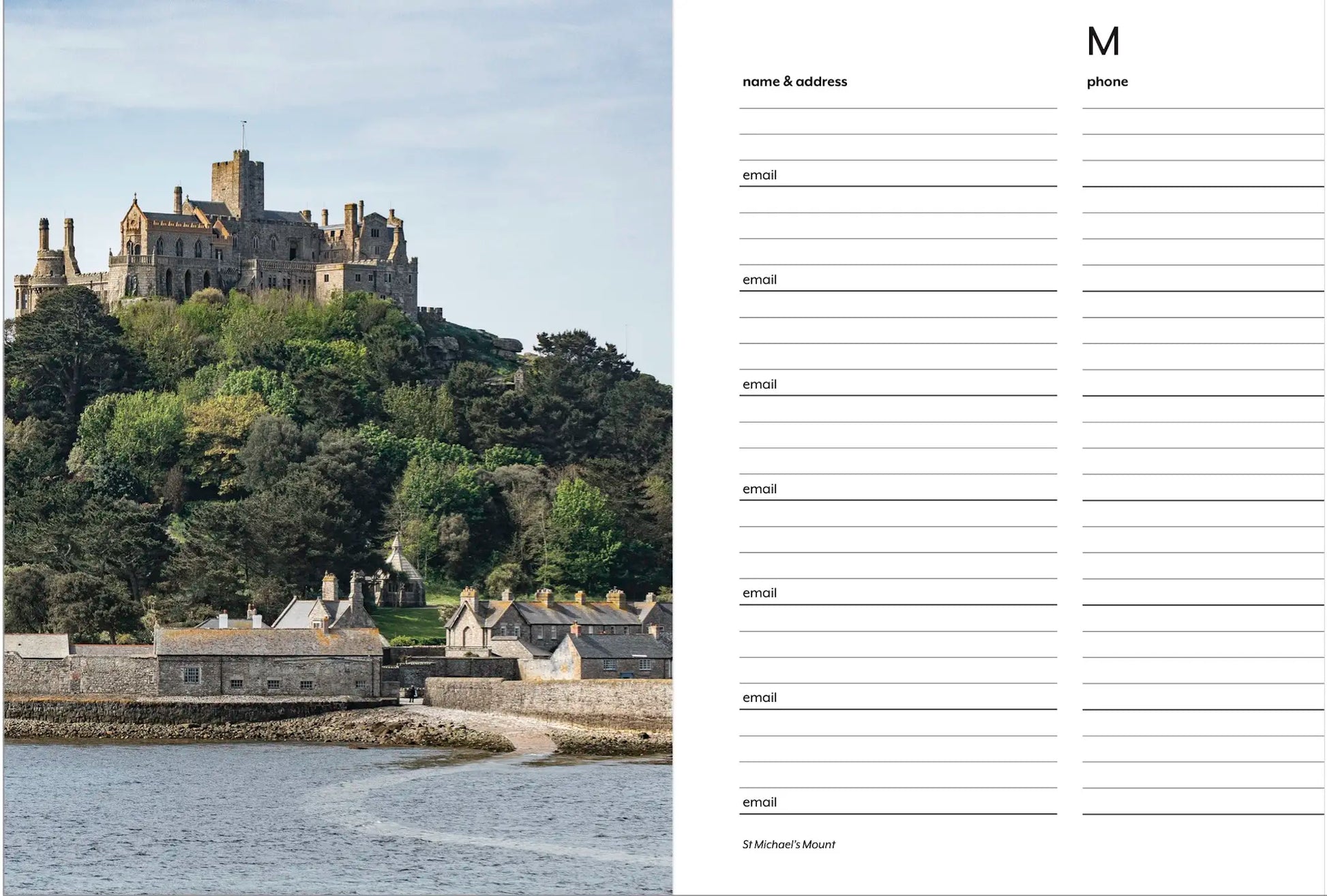 inside pages of address book -  M for St Michael's Mount