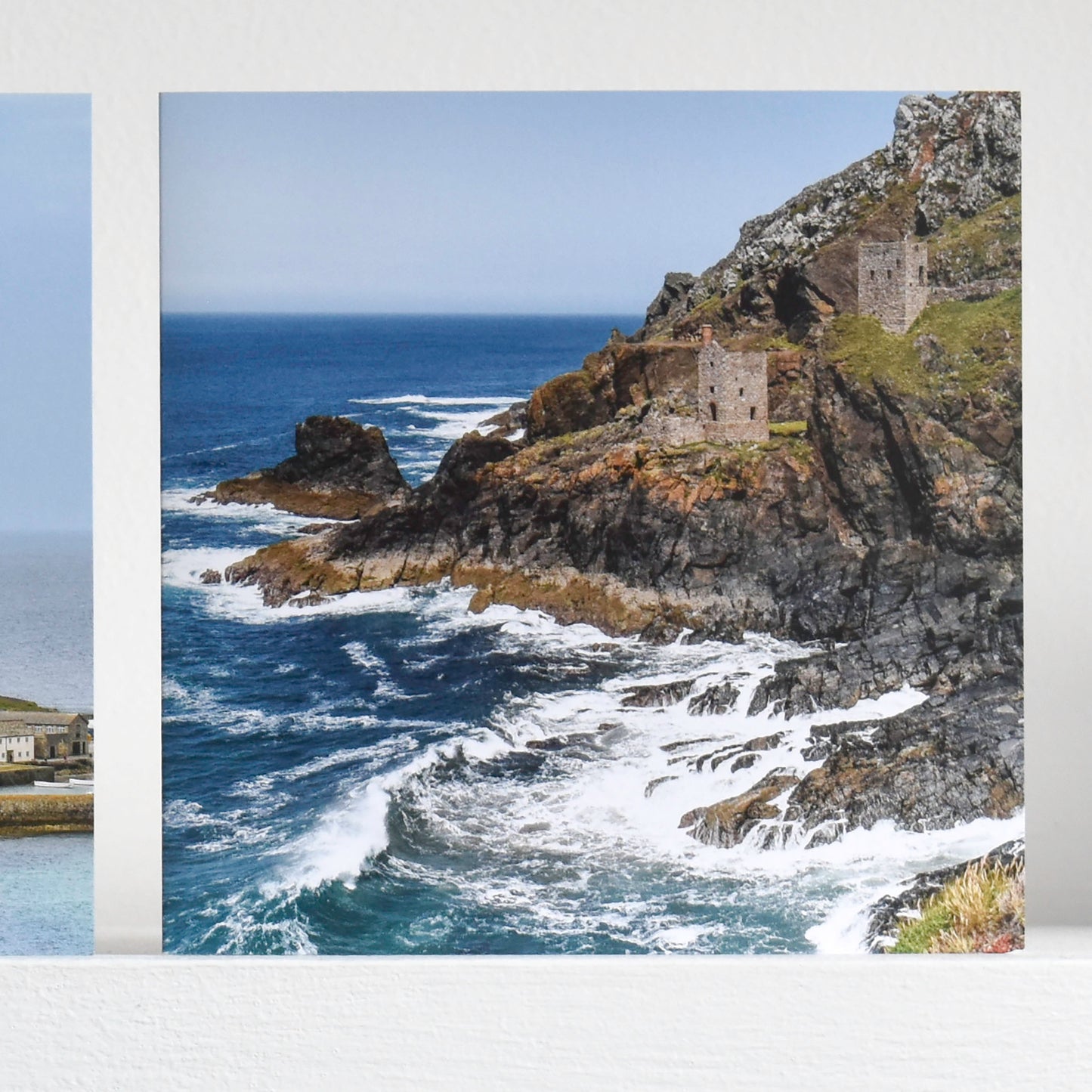 Cornish greetings card showing The Crowns engine houses at Botallack, above a restless sea