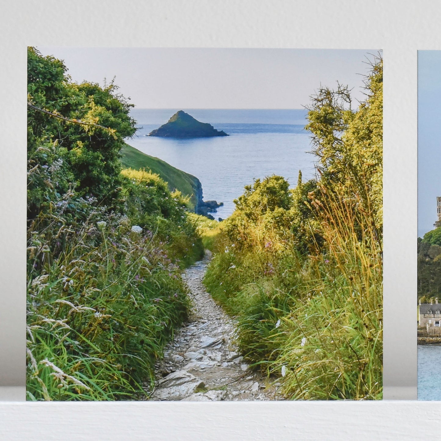 Cornish greetings card showing the South West Coast Path winding down towards the sea with an island in the distance