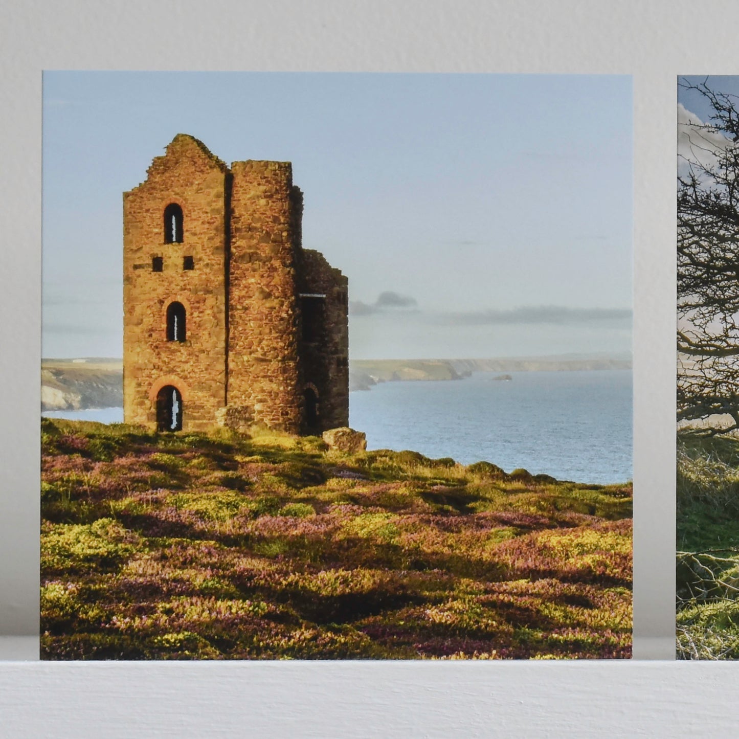 Cornish greeting card with view of Wheal Coates engine house on the heather clad cliffs at St Agnes, displayed on shelf