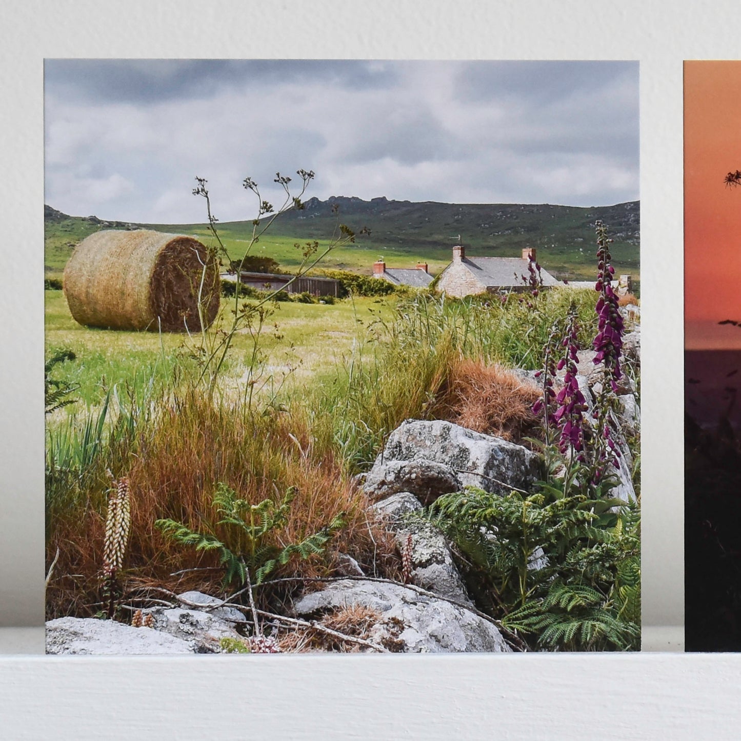 Cornish greetings cards with a view of a typical farmhouse on the West Penwith moors, a bale of hay and some foxgloves