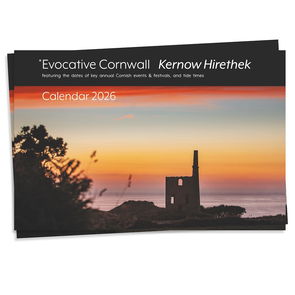 Cornish calendar 2026 showing front cover picture of an engine house in silhouette against the sunset