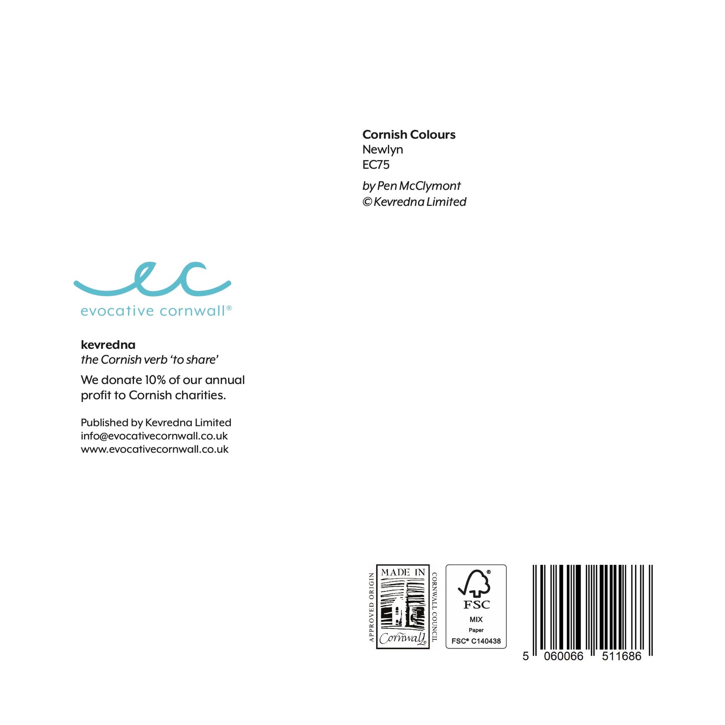 Back of card 'Cornish Colours, Newlyn'