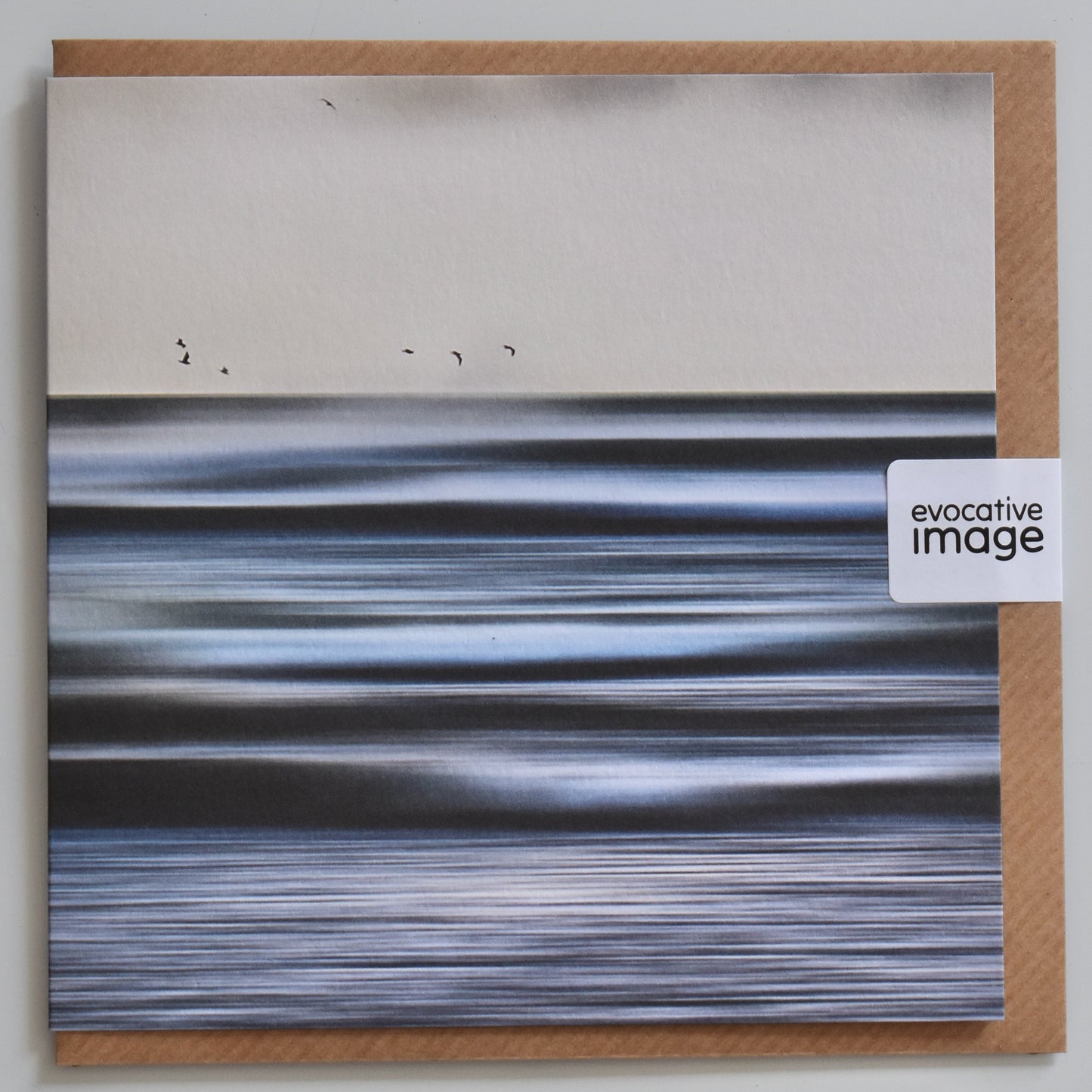 evocative image beyond the waves card design - abstract coastal art card, moody, gulls and waves, evocative image, with envelope