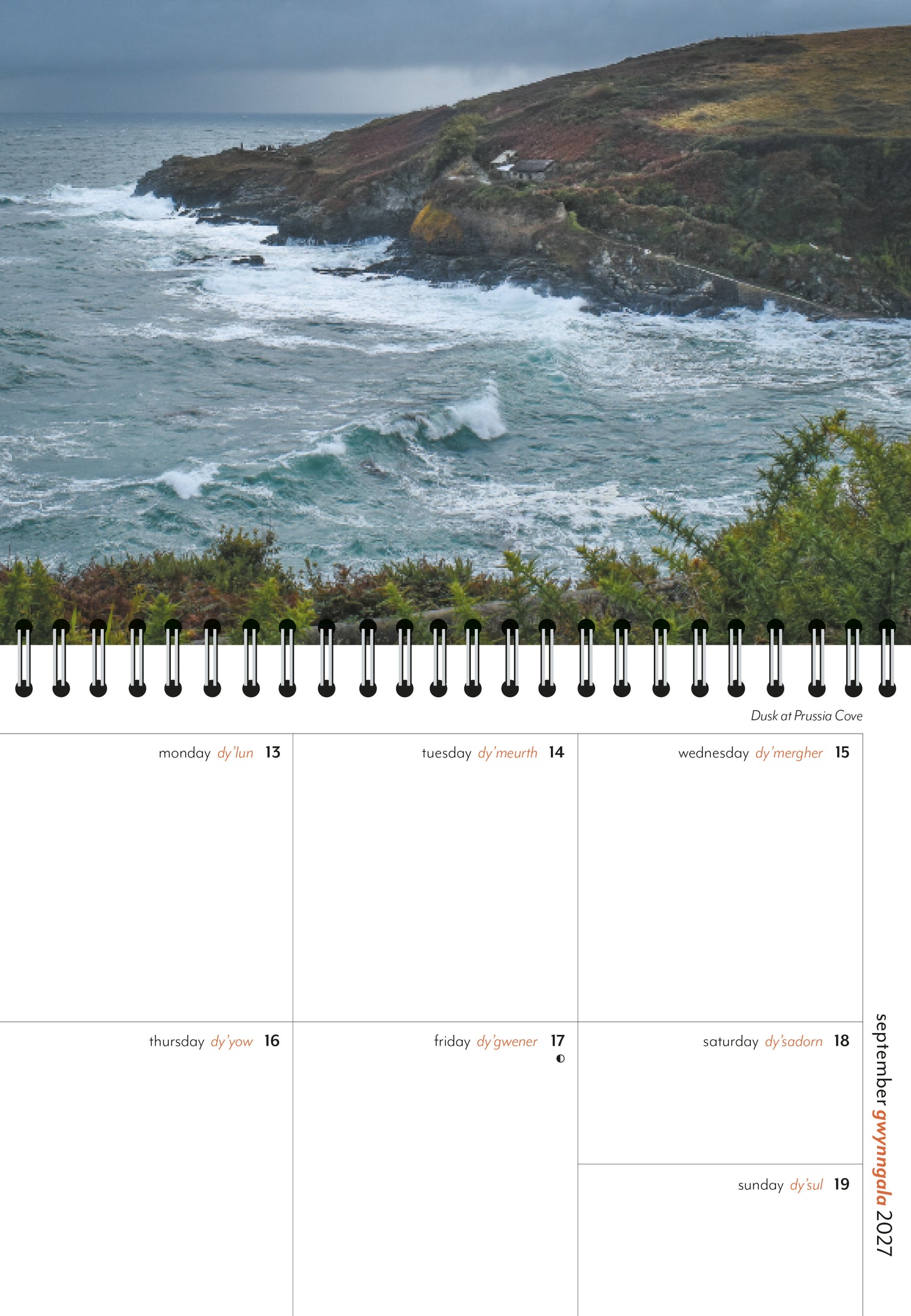 Inside the Evocative Cornwall Engagement Diary 2027 showing a rough sea at Prussia Cove and page from September