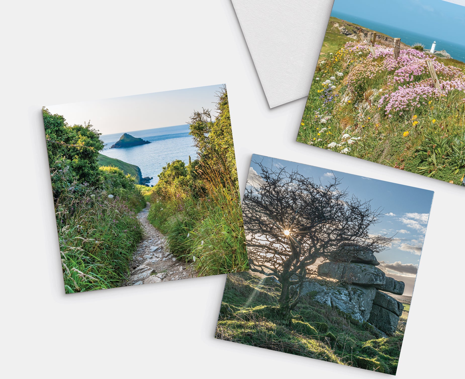 A selection of our greetings cards, depicting Godrevy, Cornish Coast Path, Bodmin Moor