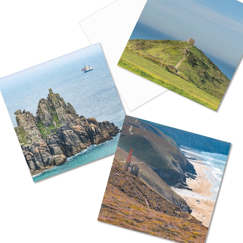 A selection of Evocative Cornwall greetings cards showing coastal photographs