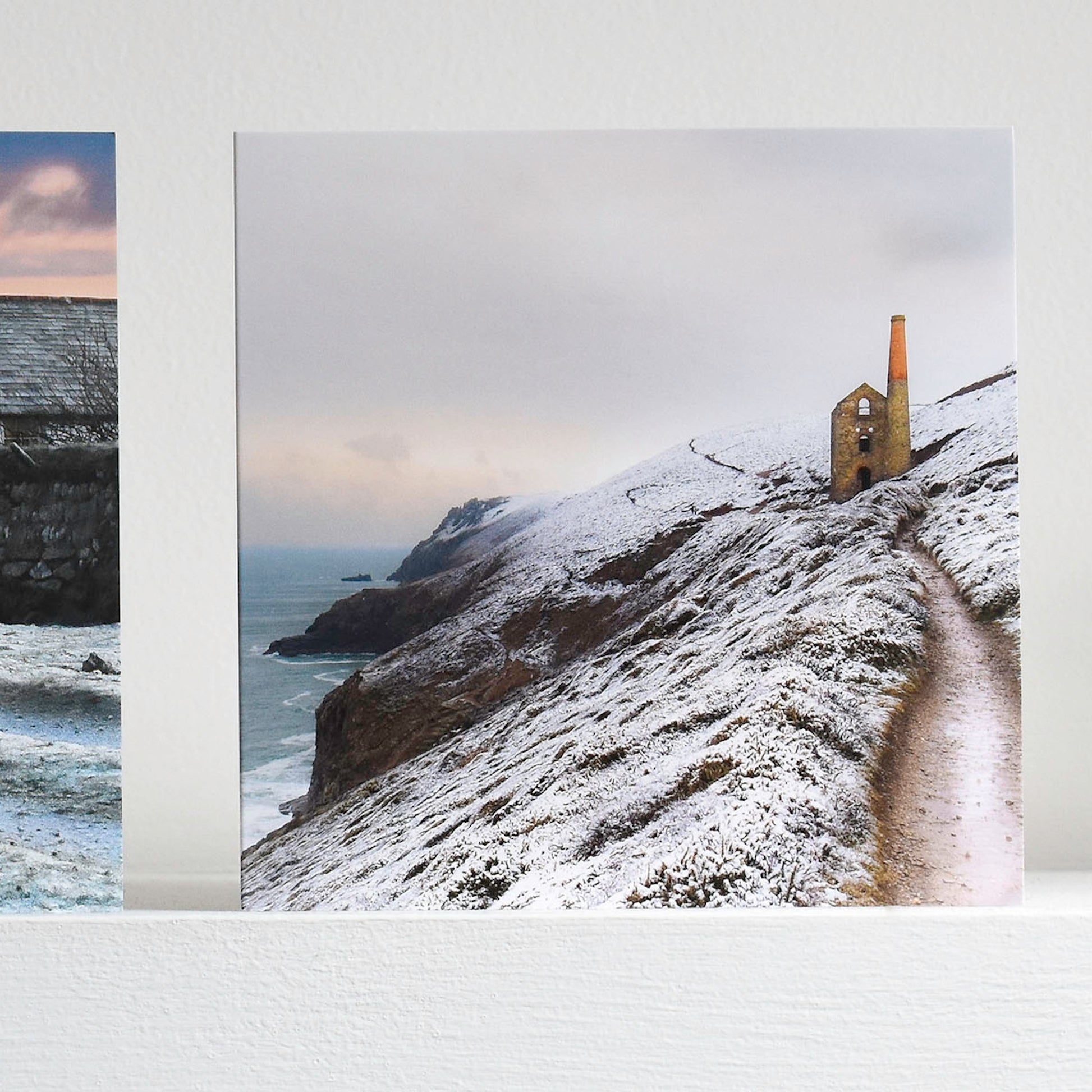 Christmas card showing snow-covered Cornish cliff and engine house at St Agnes