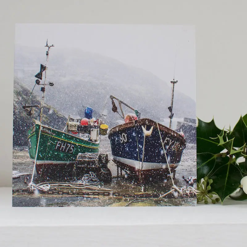 Cornish Christmas card Fishing Boats at Portloe on shelf