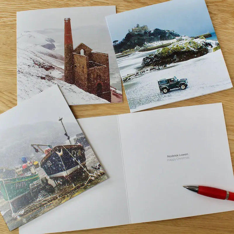 Cornish Christmas card Fishing Boats at Portloe open with a pen