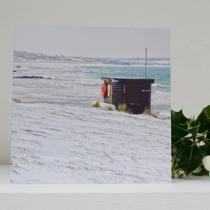 Cornish Christmas card Lifeguard Hut in Snow on shelf
