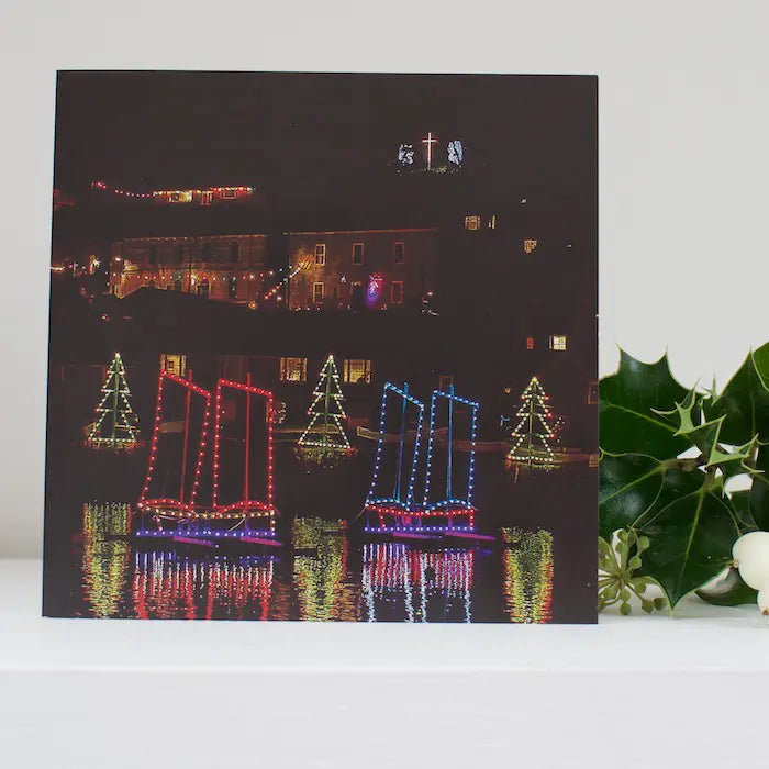 Cornish Christmas card Mousehole Lights on shelf