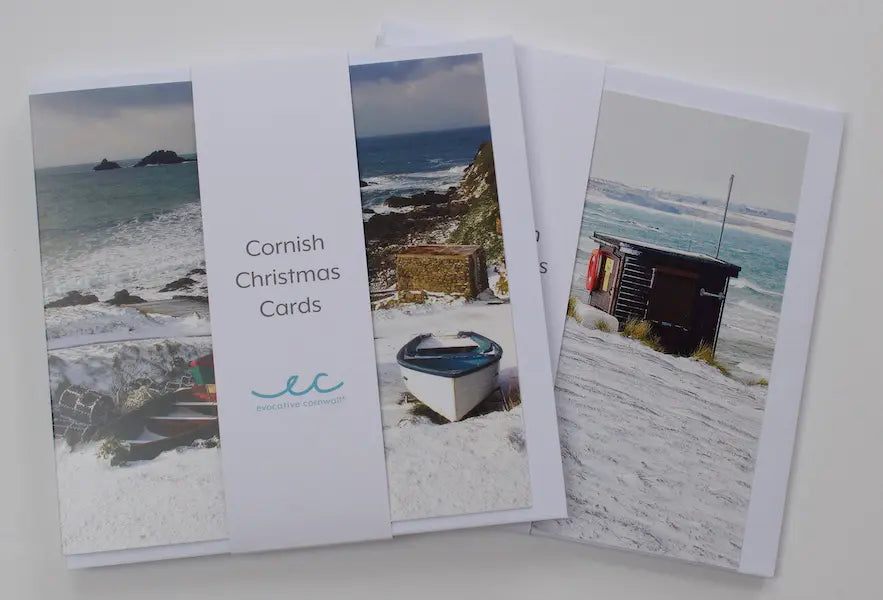 Cornish Christmas card Snow at Priests Cove in pack