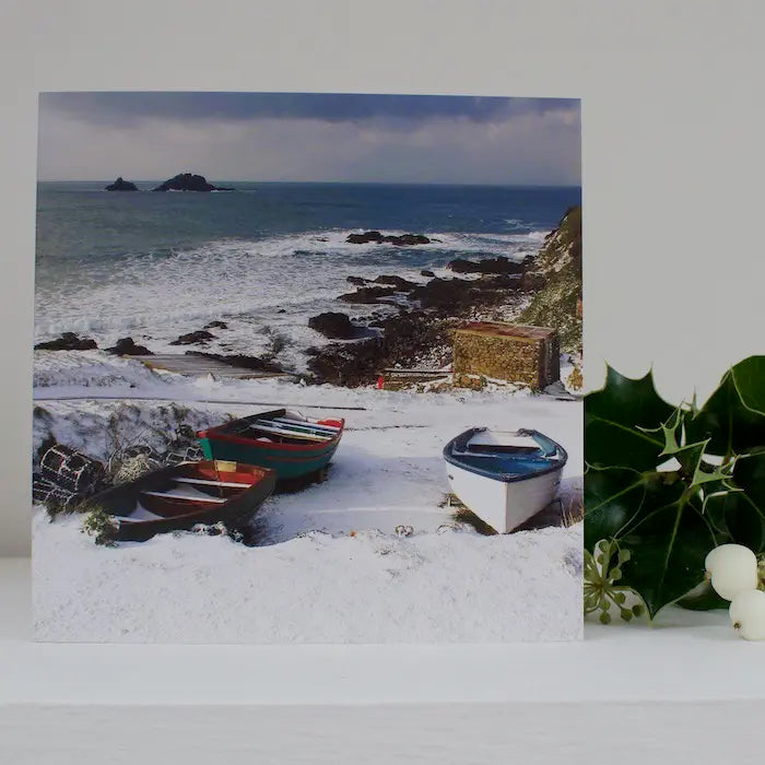 Cornish Christmas card Snow at Priests Cove on shelf