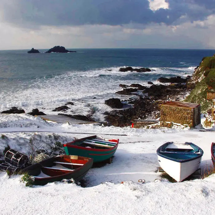 Cornish Christmas card Snow at Priests Cove
