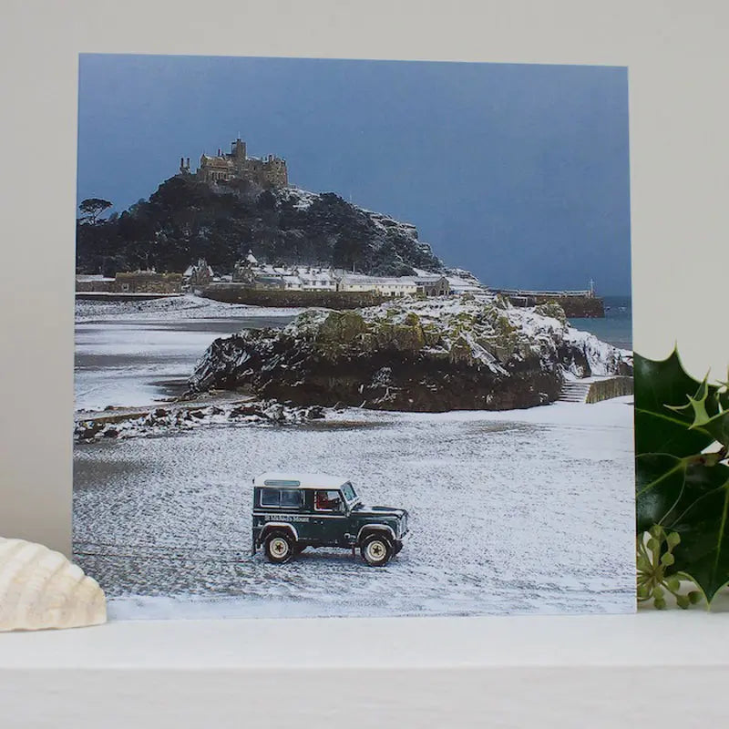 Cornish Christmas card St Michael's Mount in Snow on shelf