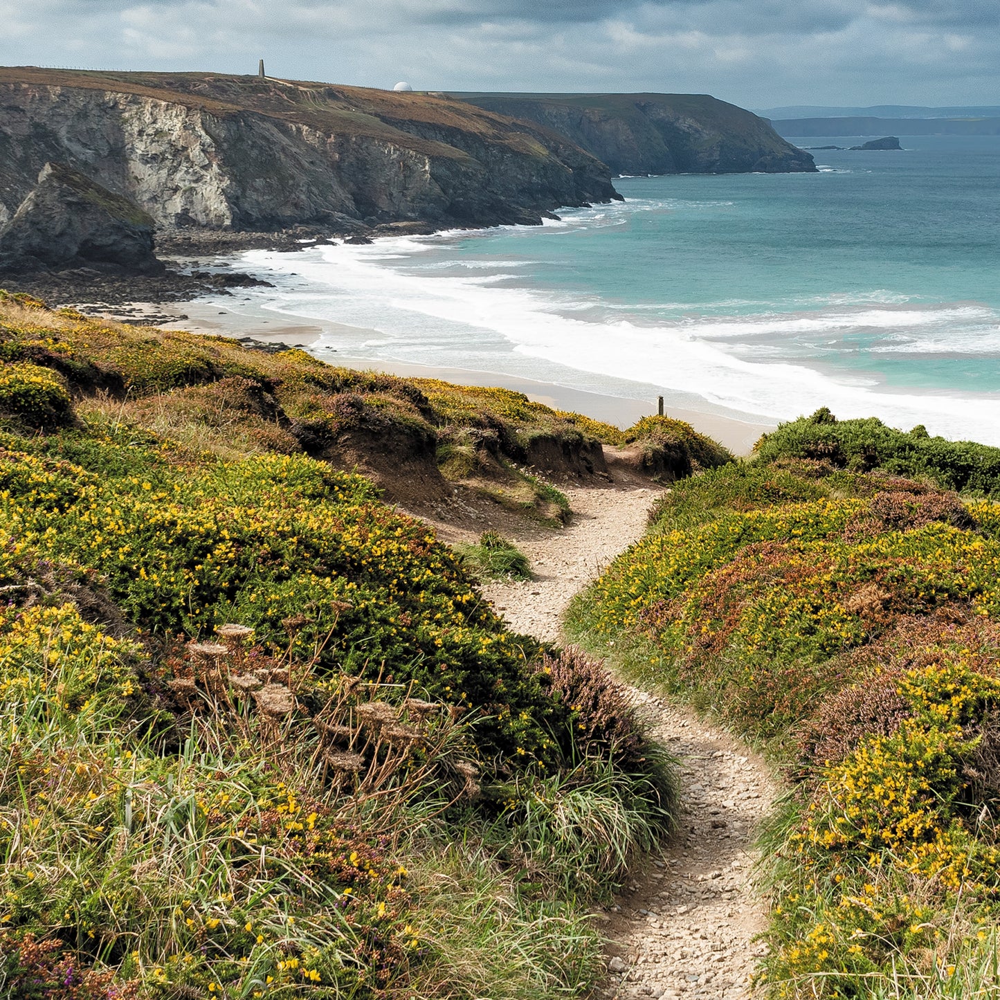 Evocative Cornwall greetings card with a view of the coast path meandering among a carpet of wildflowers between Chapel Porth and Porthtowan