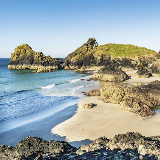 Cornish greetings card image of Kynance Cove, early summer morning