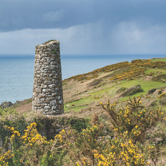Cornish greetings card image of rain approaching over the sea and gorse covered cliffs