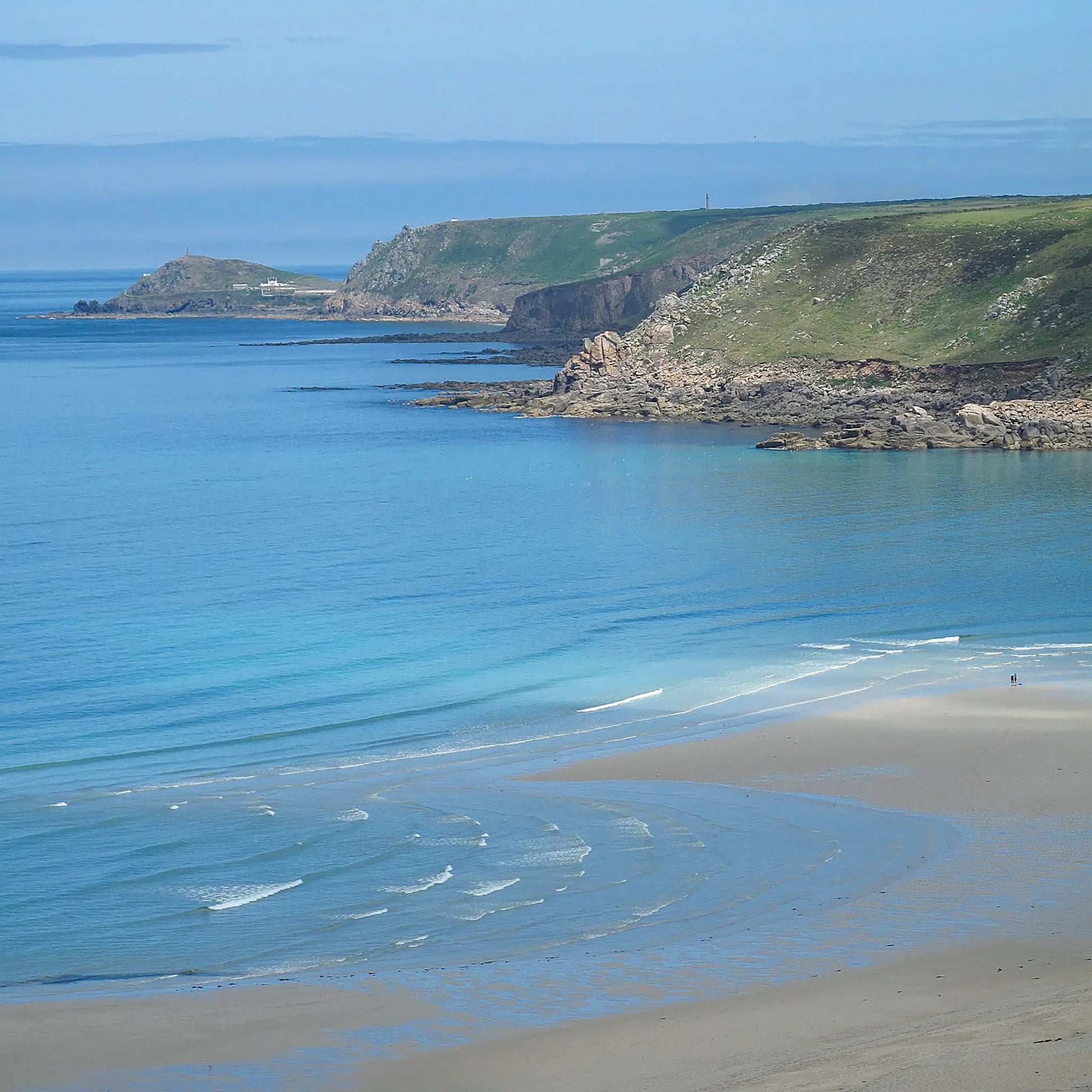 Cornish greetings card image of Whitesands Bay looking towards Cape Cornwall, on a beautiful day of blue sky and blue sea