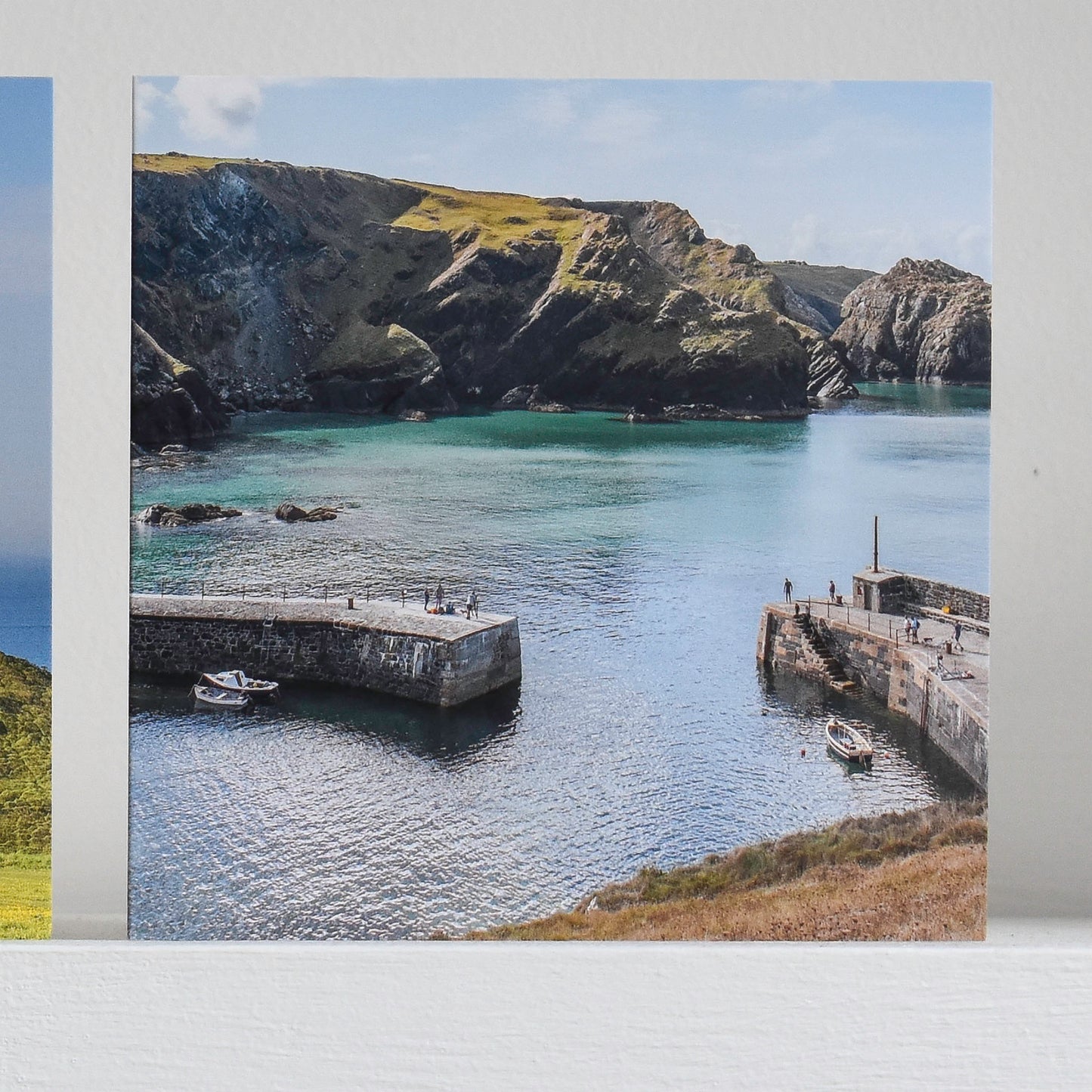 Cornish greetings card showing Mullion Harbour and dramatic cliffs