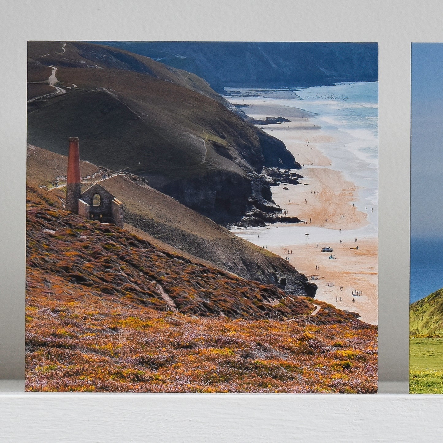 Cornish greetings card showing Wheal Coates engine house on the cliffs above Chapel Porth beach at St Agnes