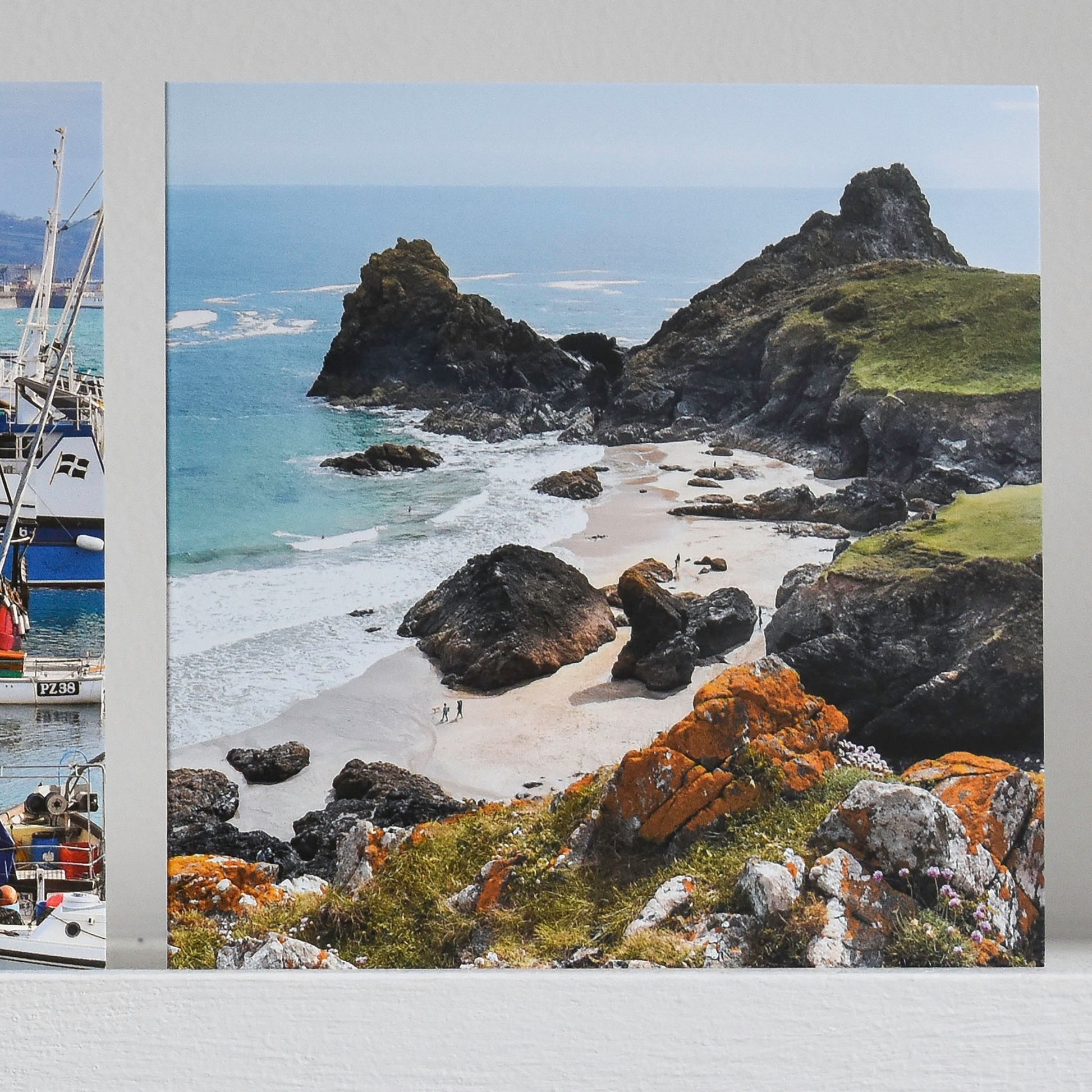 Cornish greetings card showing Kynance beach, on a shelf