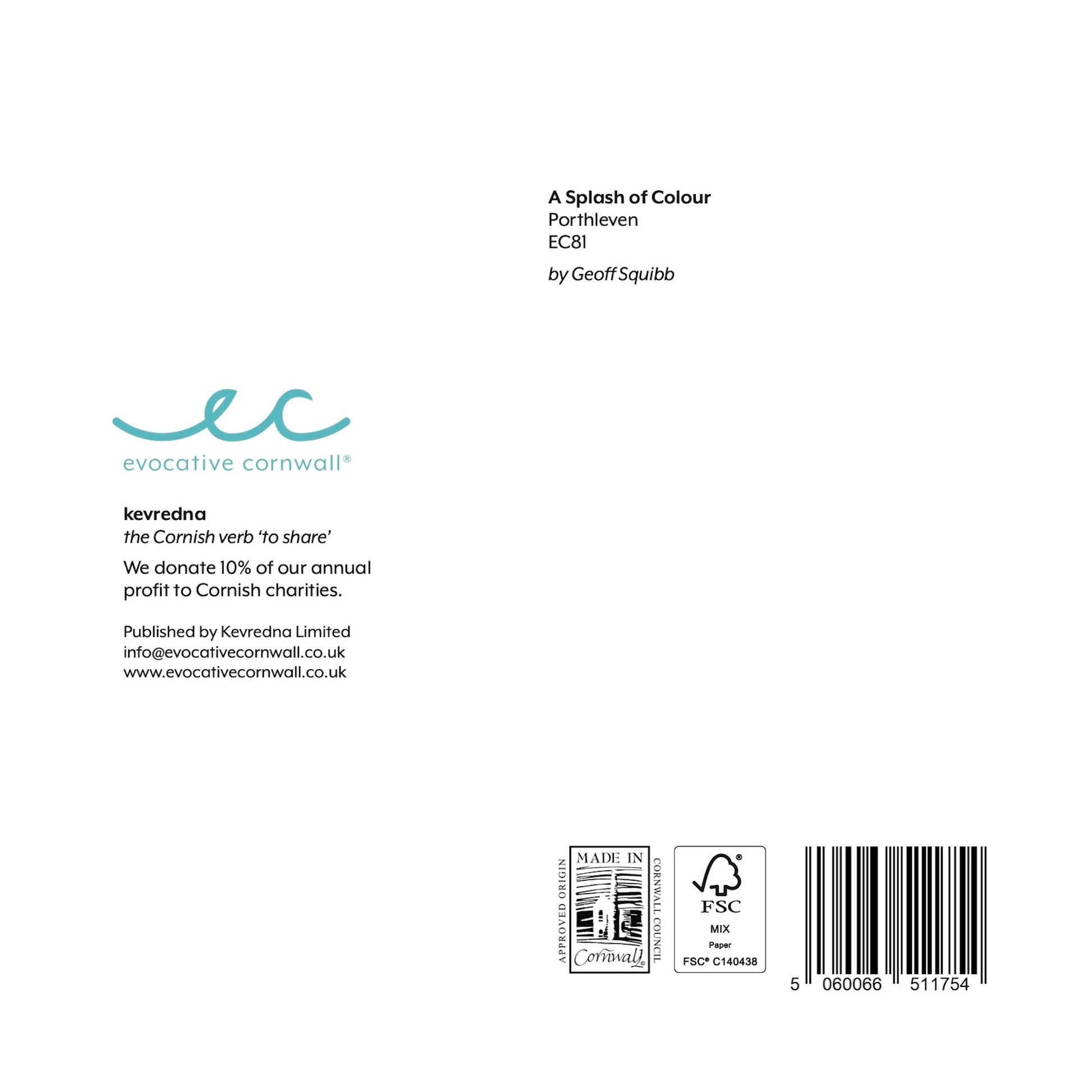Back of 'A Splash of Colour' card