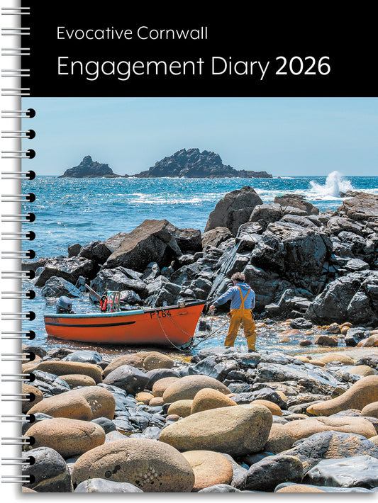 Front cover of the Evocative Cornwall diary showing a fisherman at Priest Cove near Land's End, 2026 edition
