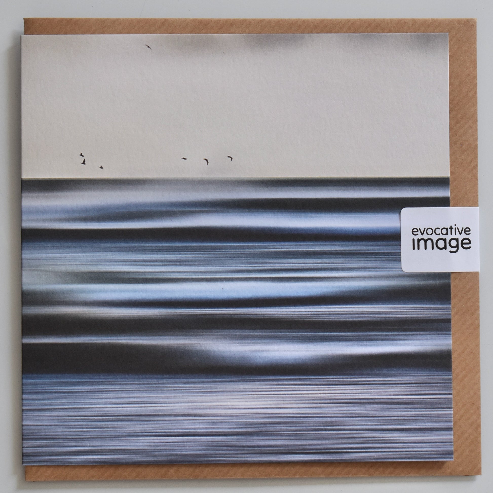 evocative image beyond the waves card design - abstract coastal art card, moody, gulls and waves, evocative image, with envelope