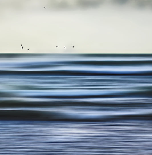 evocative image beyond the waves card design - abstract coastal art card, moody, gulls and waves