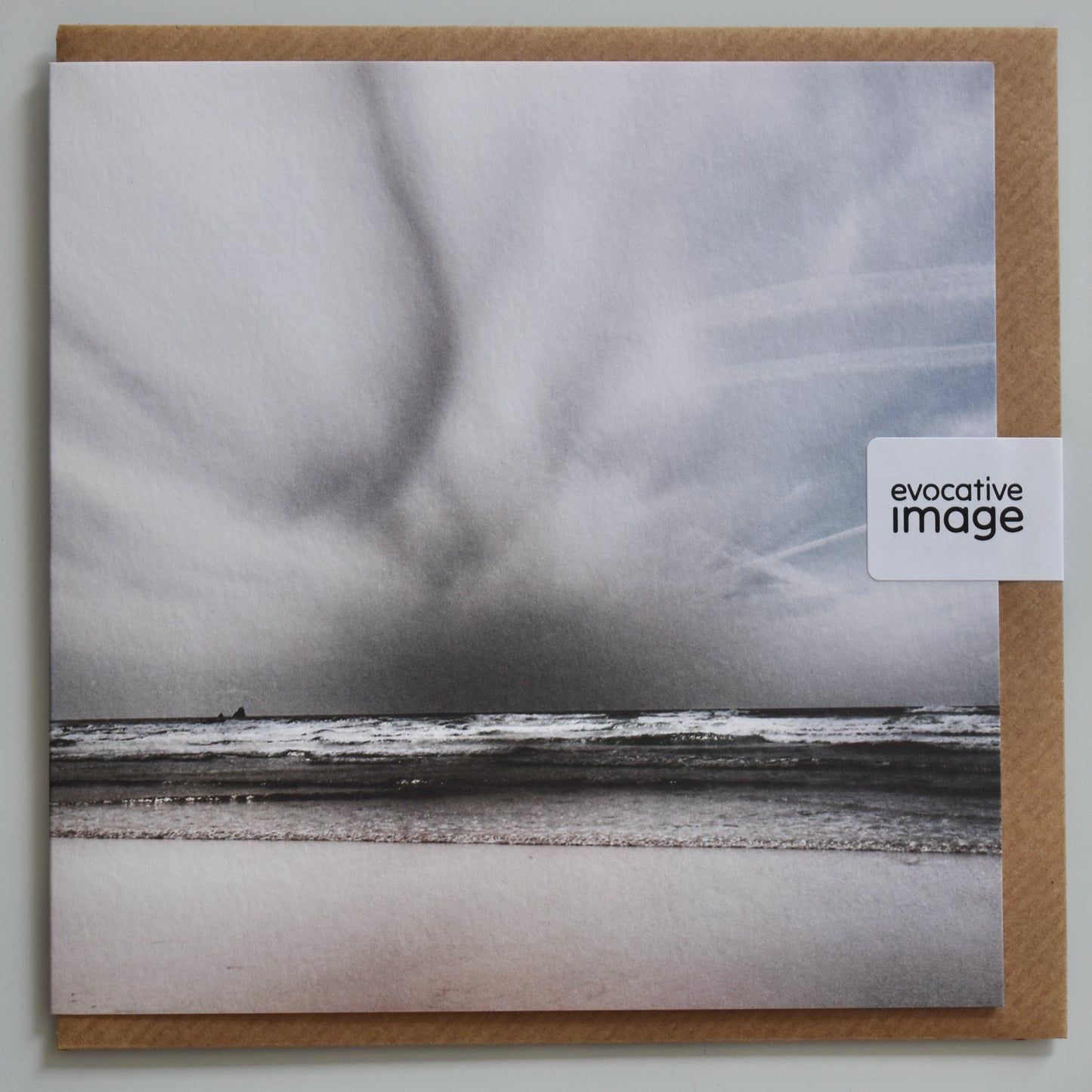 evocative image sky trail card design - abstract coastal art card, moody, soft tones, evocative image, with envelope