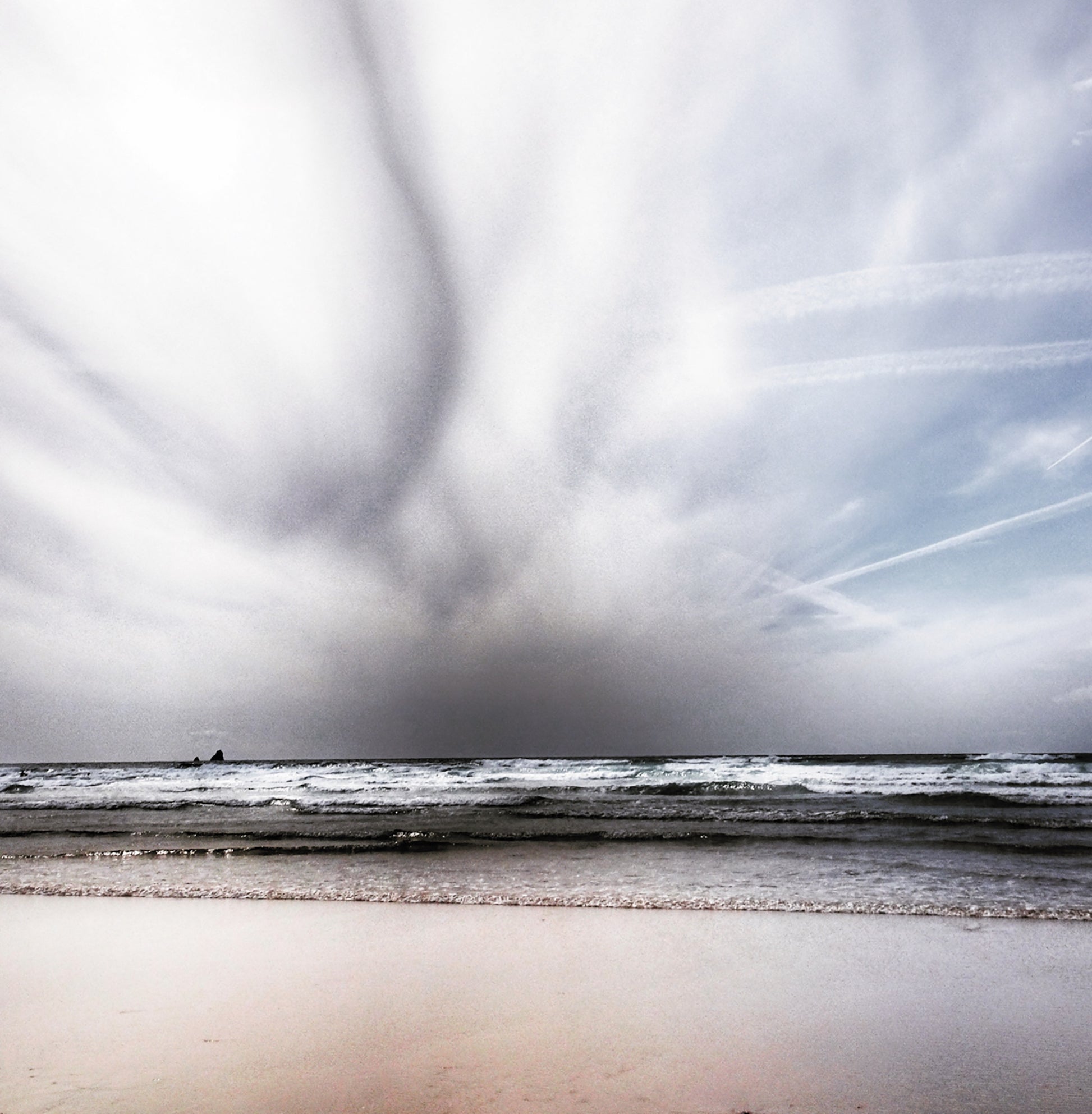 evocative image sky trail card design - abstract coastal art card, moody, soft tones