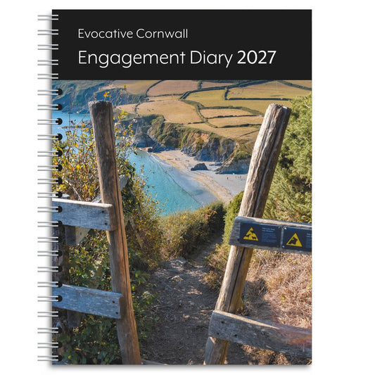 The front cover of our Cornish diary 2027 showing a view down to Hemmick beach on the Roseland, Cornwall
