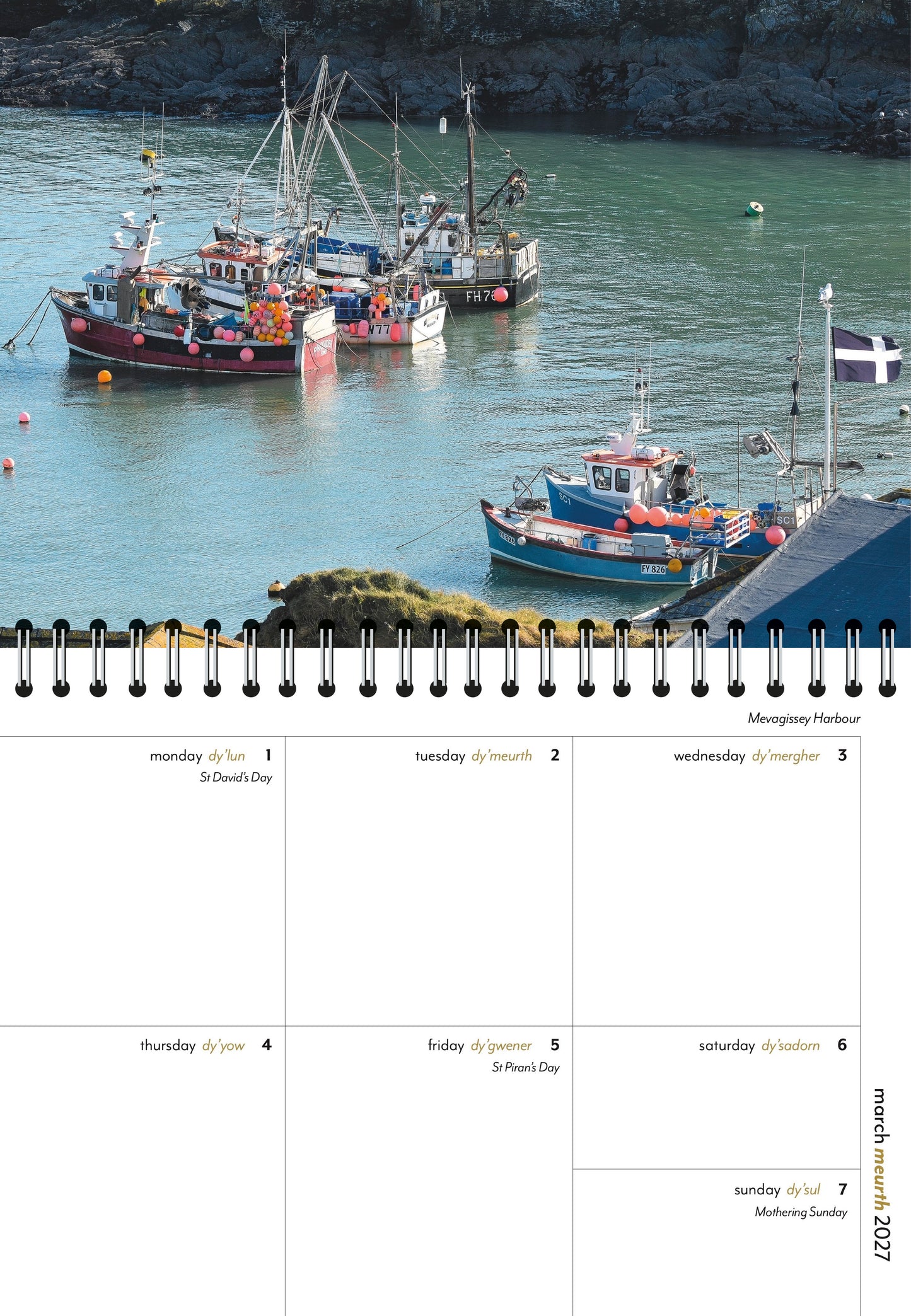 Inside the Evocative Cornwall Engagement Diary 2027 showing pages from March and an image of fishing boats in the harbour at Mevagissey