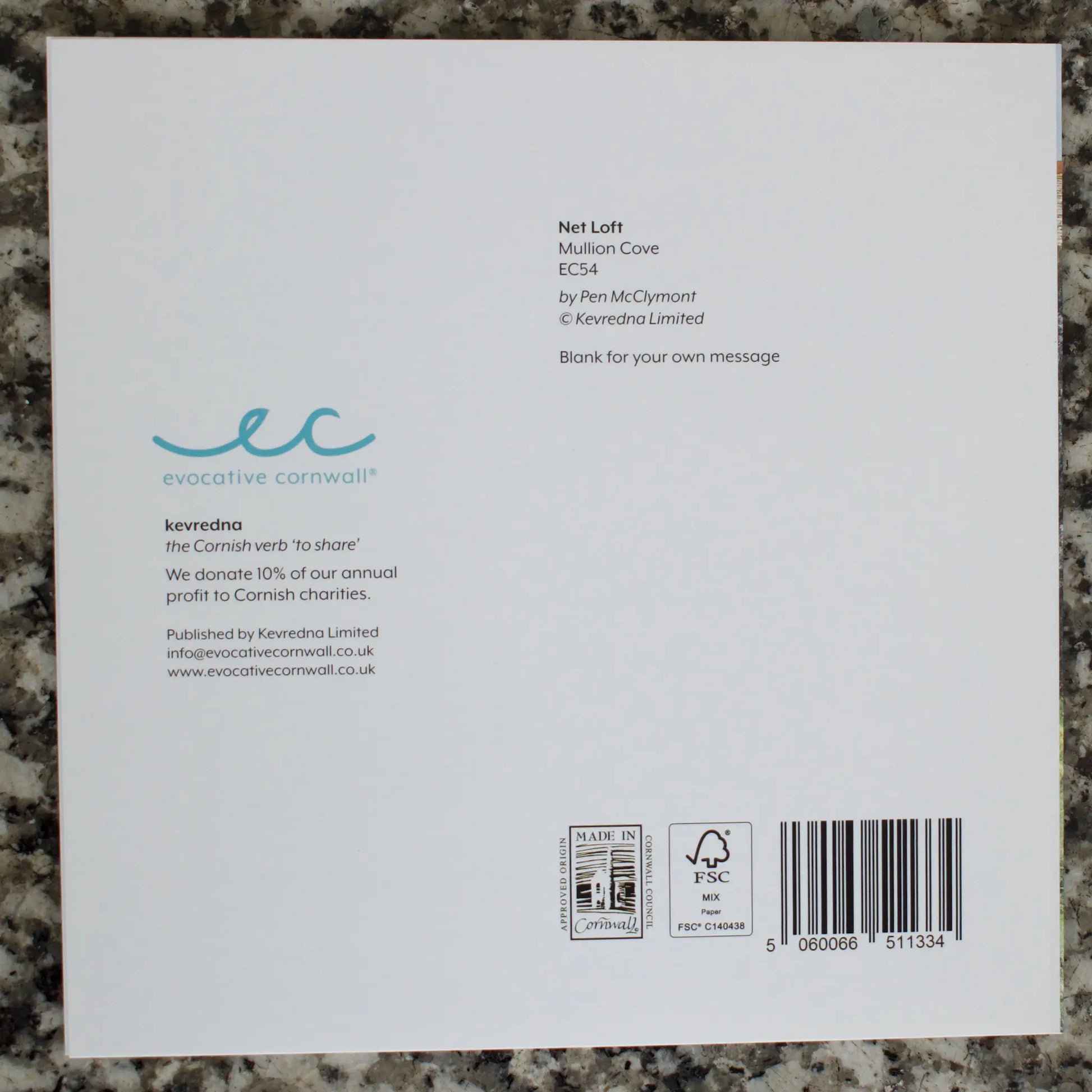 Net Loft, Mullion Cove - back of card