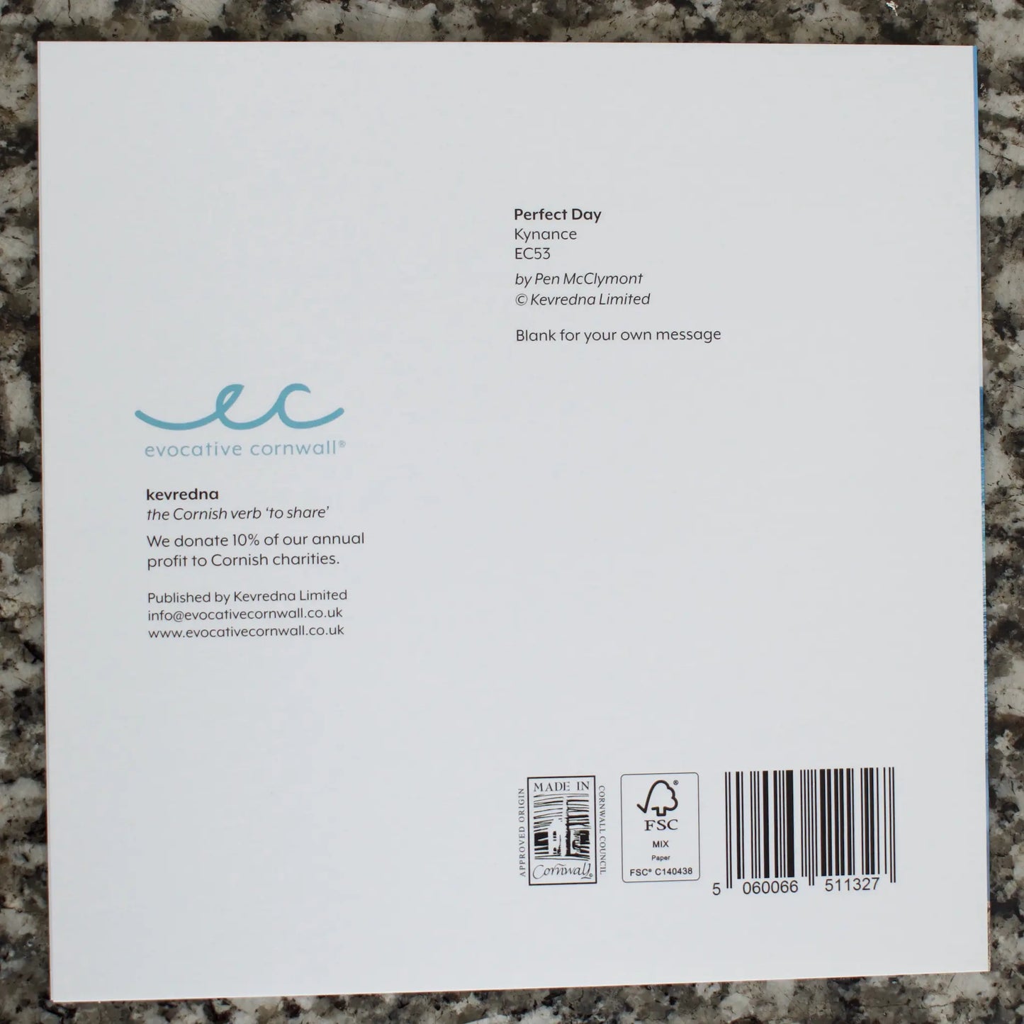 Perfect Day, Kynance - back of card