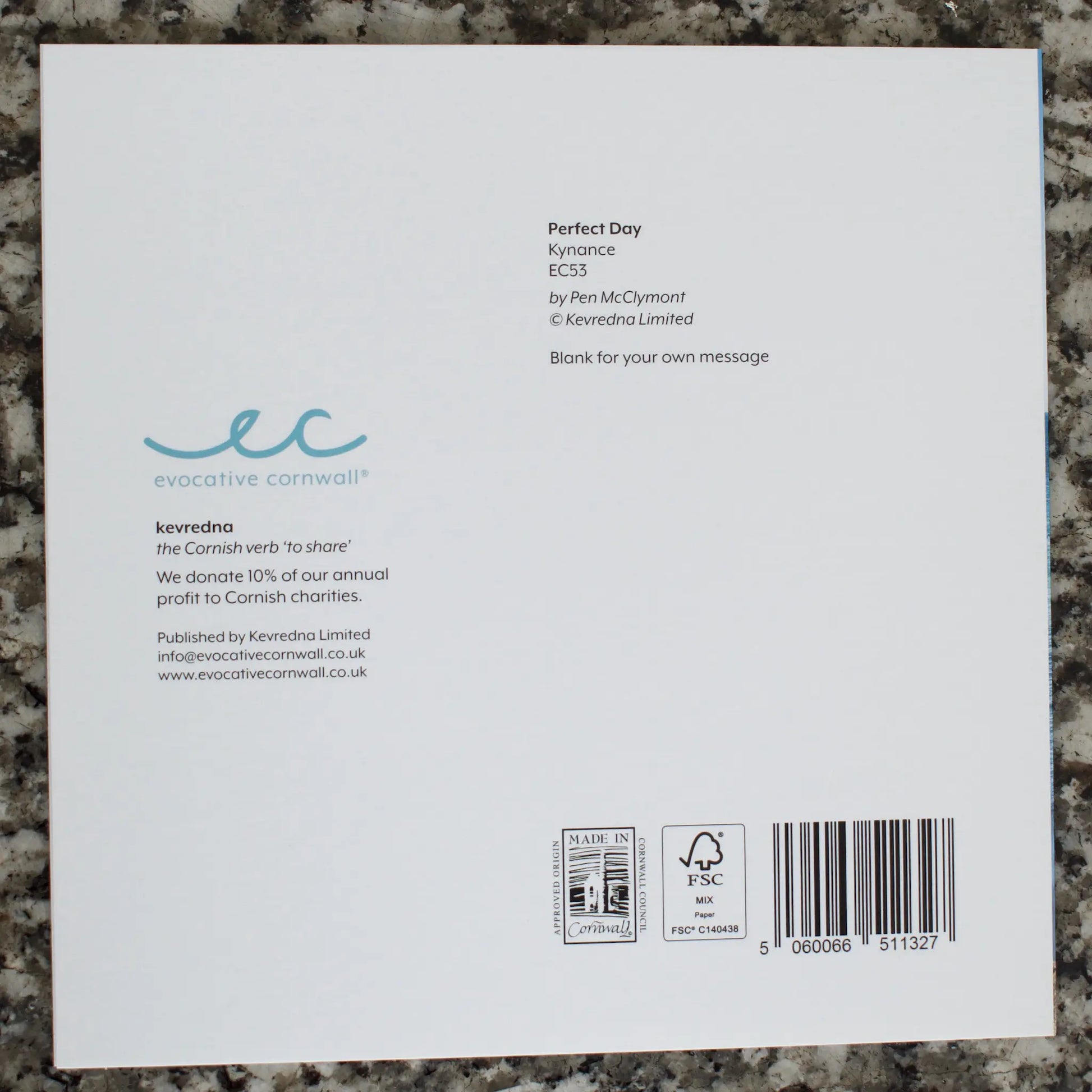 Perfect Day, Kynance - back of card