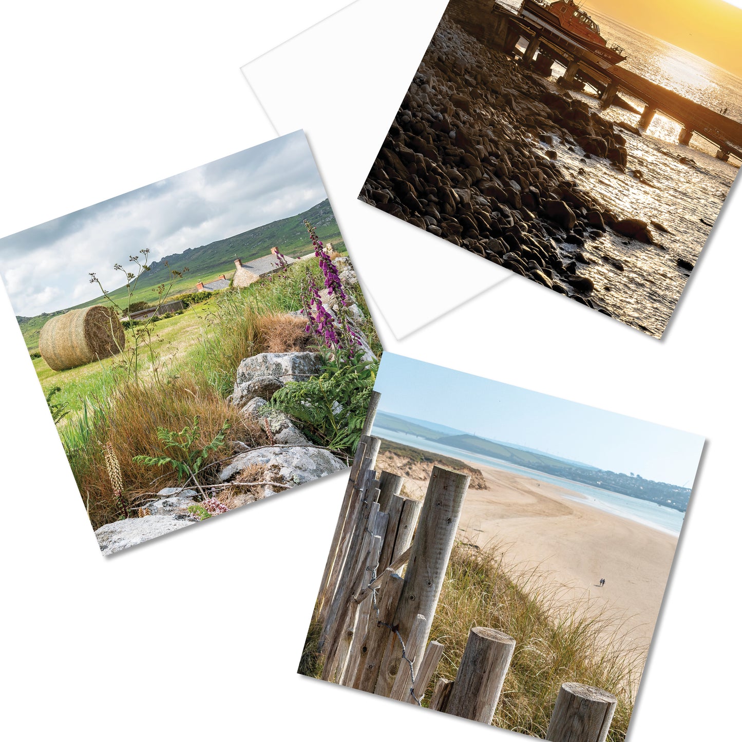 Selection of Cornish greetings cards, featuring Sennen, West Penwith farmhouse, Camel Estuary
