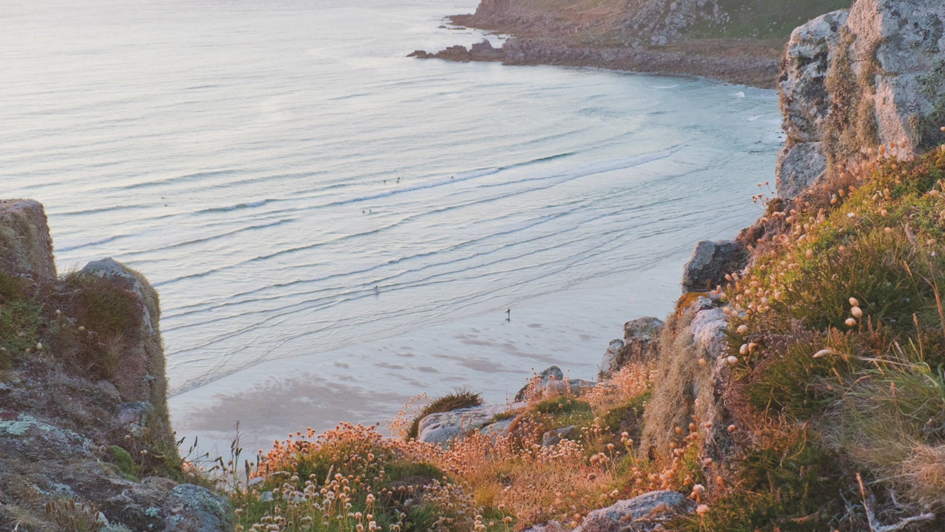 Video animation of a greeting card image looking down from the cliffs between granite boulders and wildflowers at a surfer in the distance, surveying the sea and sunset