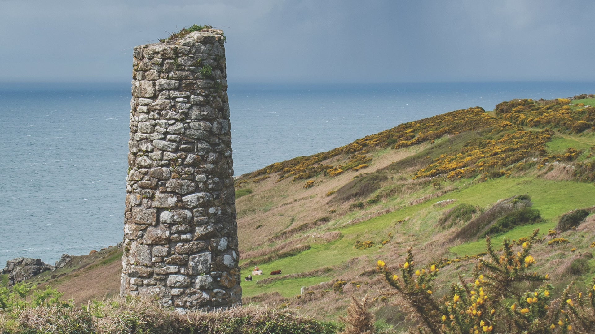 Video animation of greeting card, featuring an old mining stack in West Penwith, with gorse-topped cliffs and the sea in the background, and rain on the horizon