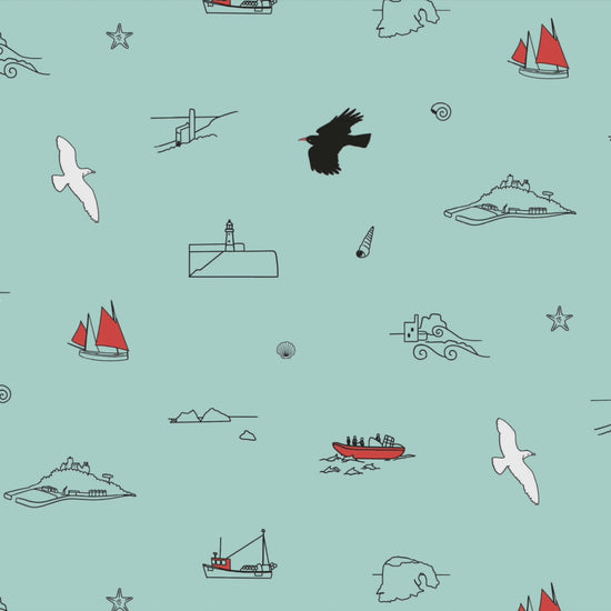 Video animation of wrapping paper, showing a gull, a chough and various Cornish places in outline drawing on aqua coloured paper with orange highlights