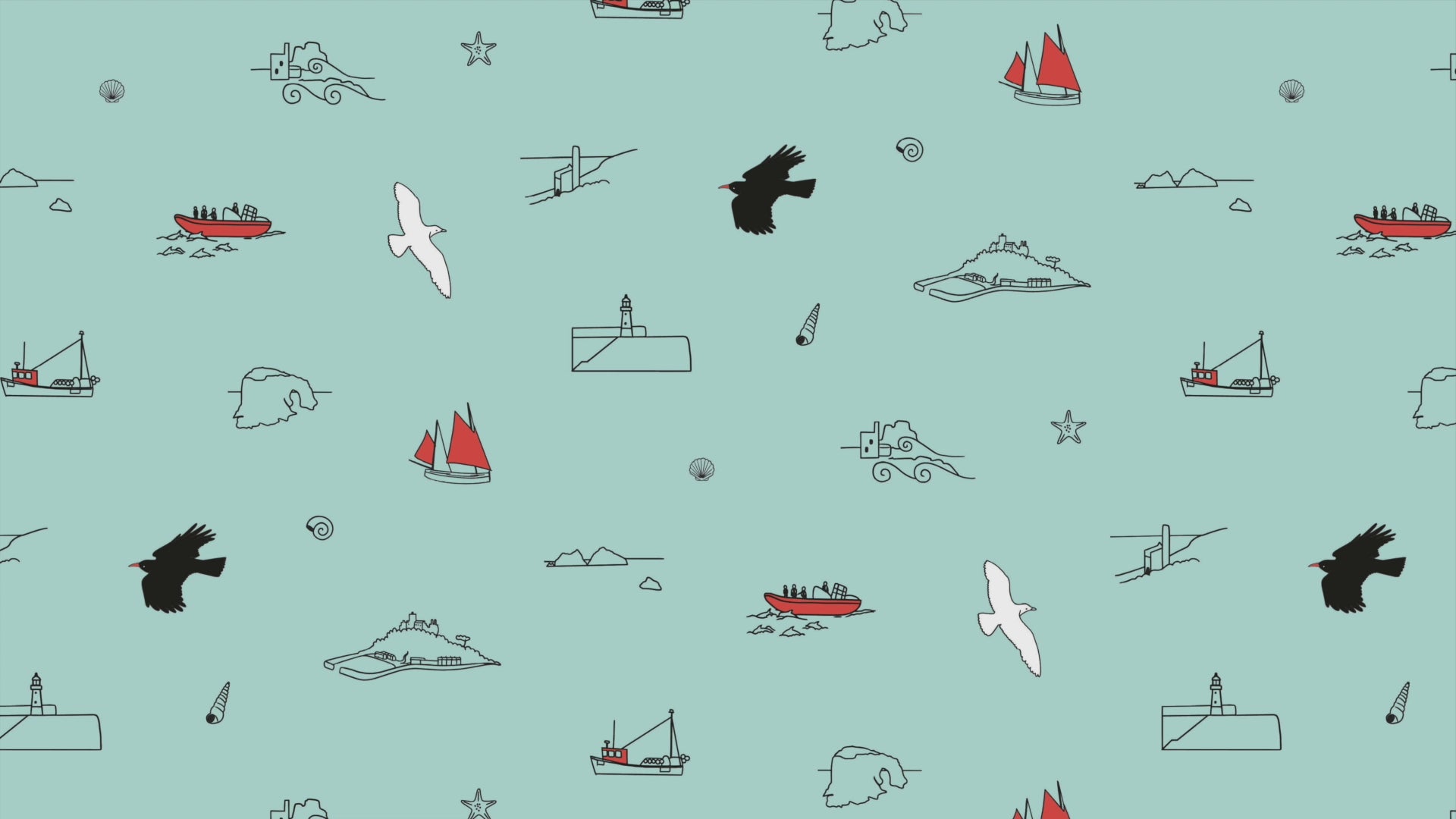 Video animation of wrapping paper, showing a gull, a chough and various Cornish places in outline drawing on aqua coloured paper with orange highlights