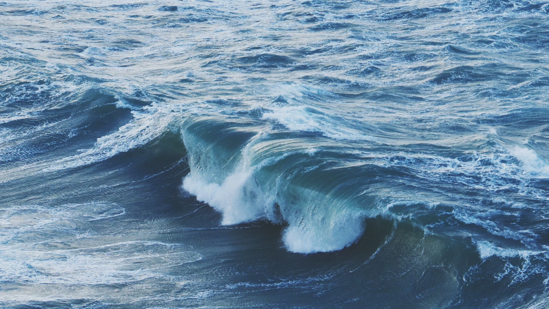 Video animation of a greeting card showing a wave breaking at the entrance to Port Isaac harbour, all in blues