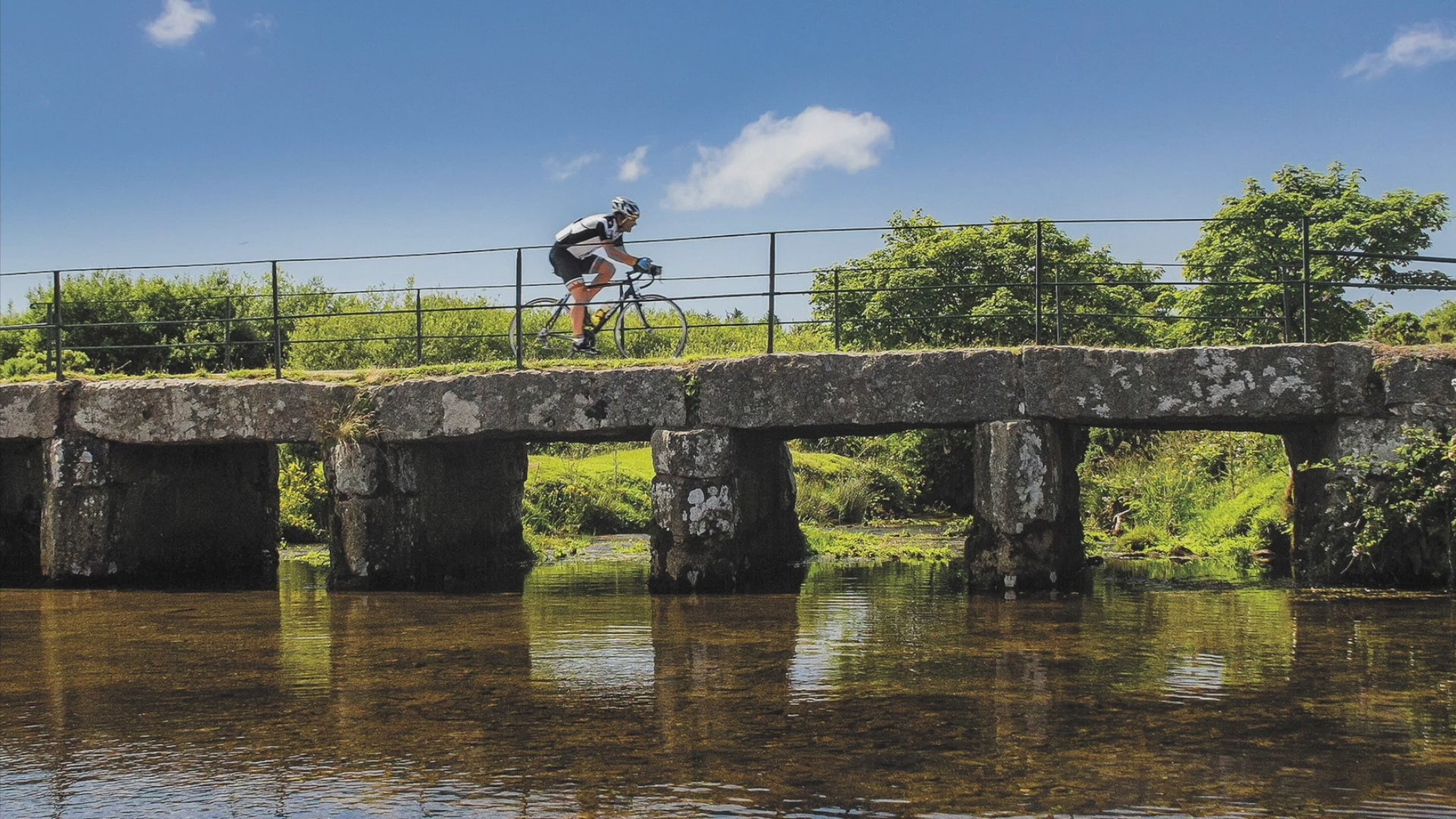 Short video showing the image of Clapper Bridge Cyclist greeting card in detail
