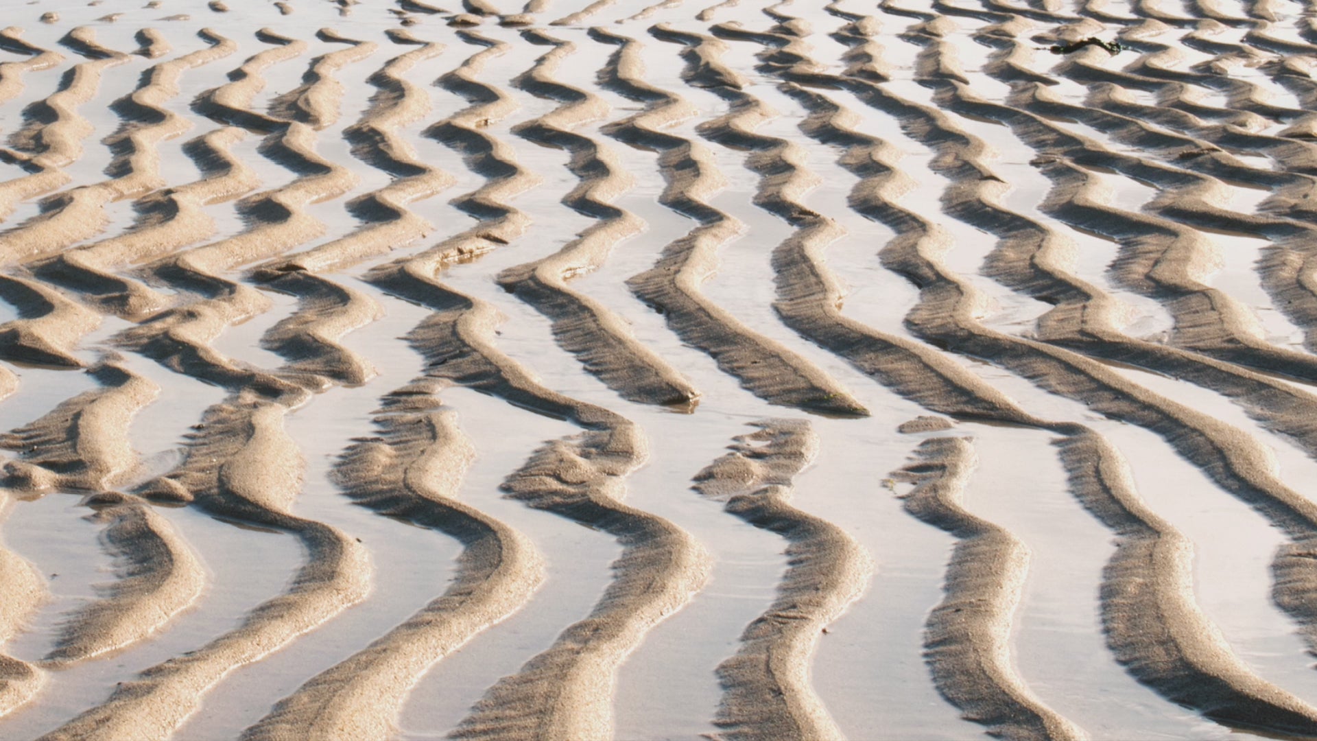 Video animation of greetings card showing ripples in the sand at Hayle beach, with dark cliffs in the background.  Moody, Scandinavian tones