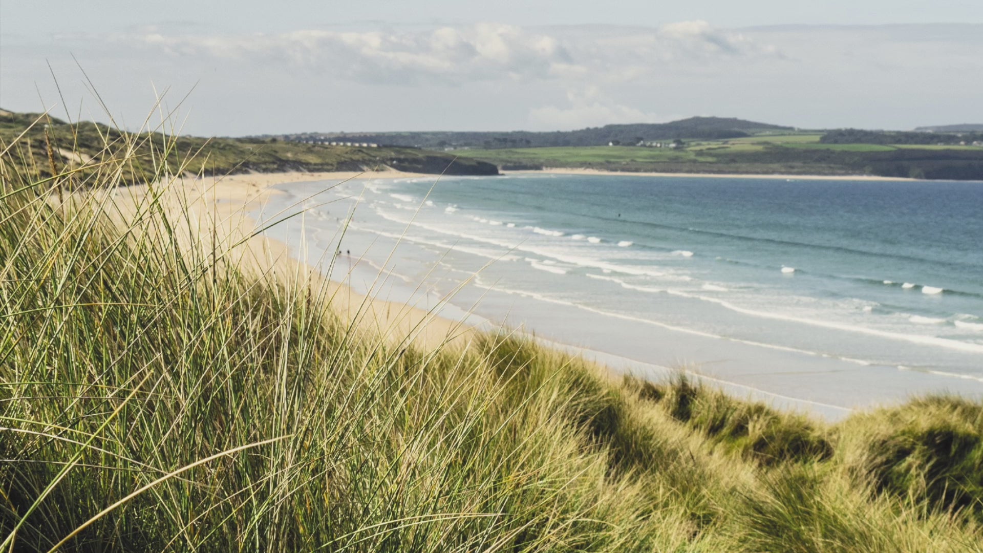 Video animation of greeting card, featuring a path through the sand dunes at Gwithian, the beach and St Ives Bay in the background