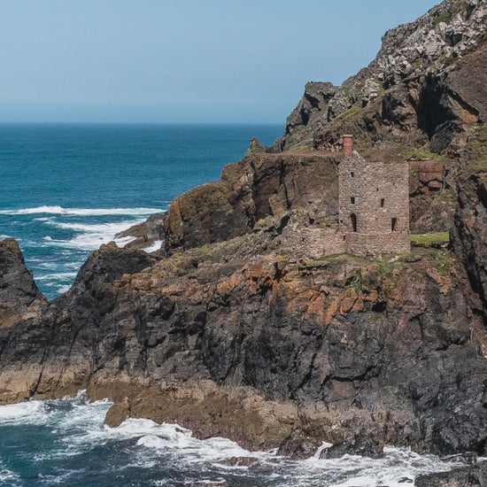 Video animation of greeting card image, featuring The Crowns at Botallack near Land's End, nestled on rocks above the sea