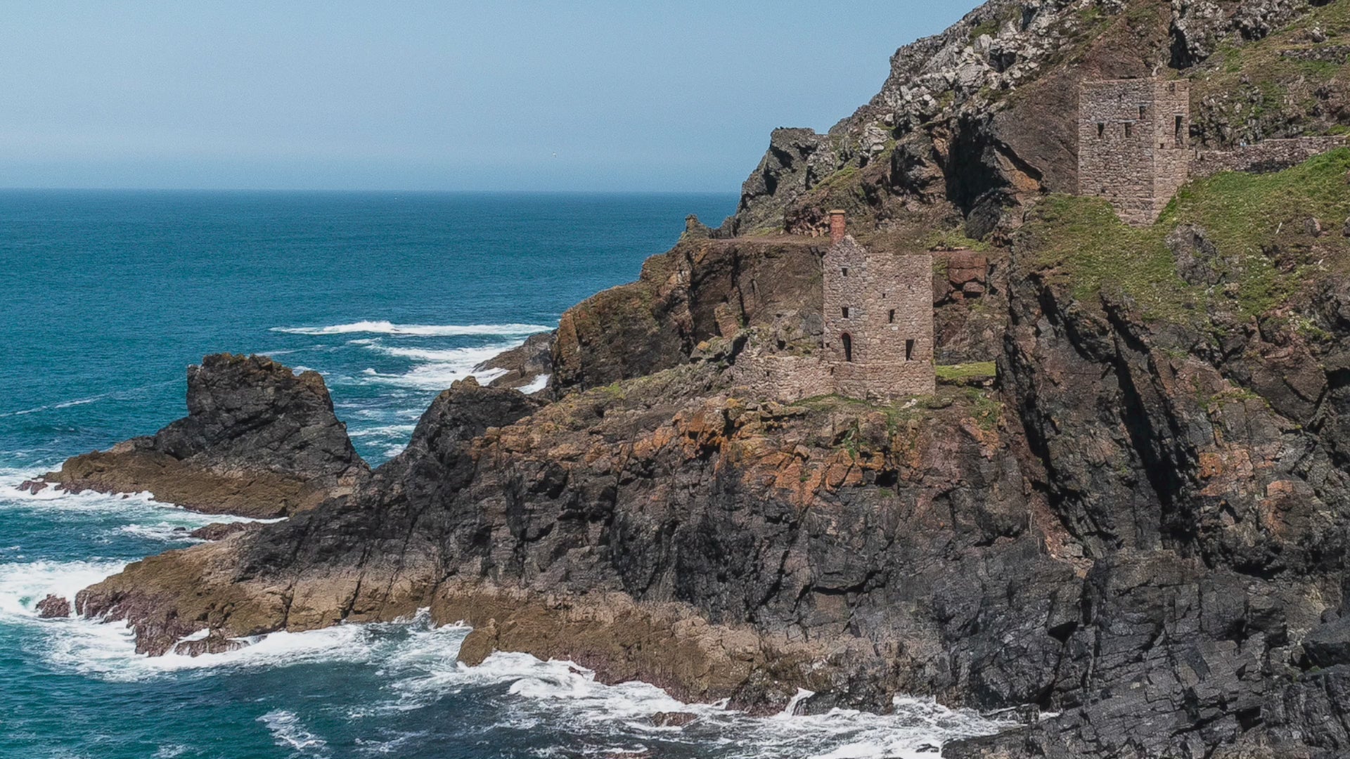 Video animation of greeting card image, featuring The Crowns at Botallack near Land's End, nestled on rocks above the sea